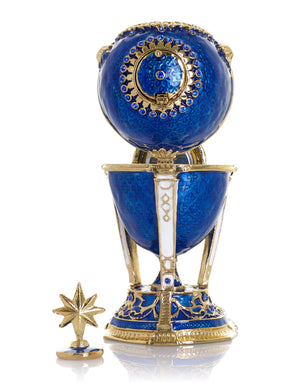 Boîte à bijoux Œuf Horloge Bleu Royal & Or avec Compartiment Secret & Étoile Amovible