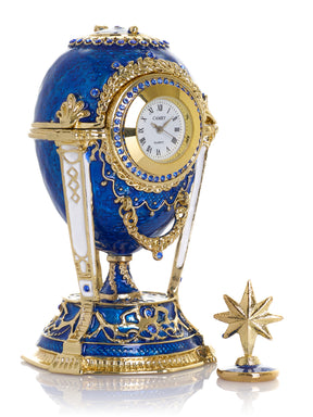 Boîte à bijoux Œuf Horloge Bleu Royal & Or avec Compartiment Secret & Étoile Amovible