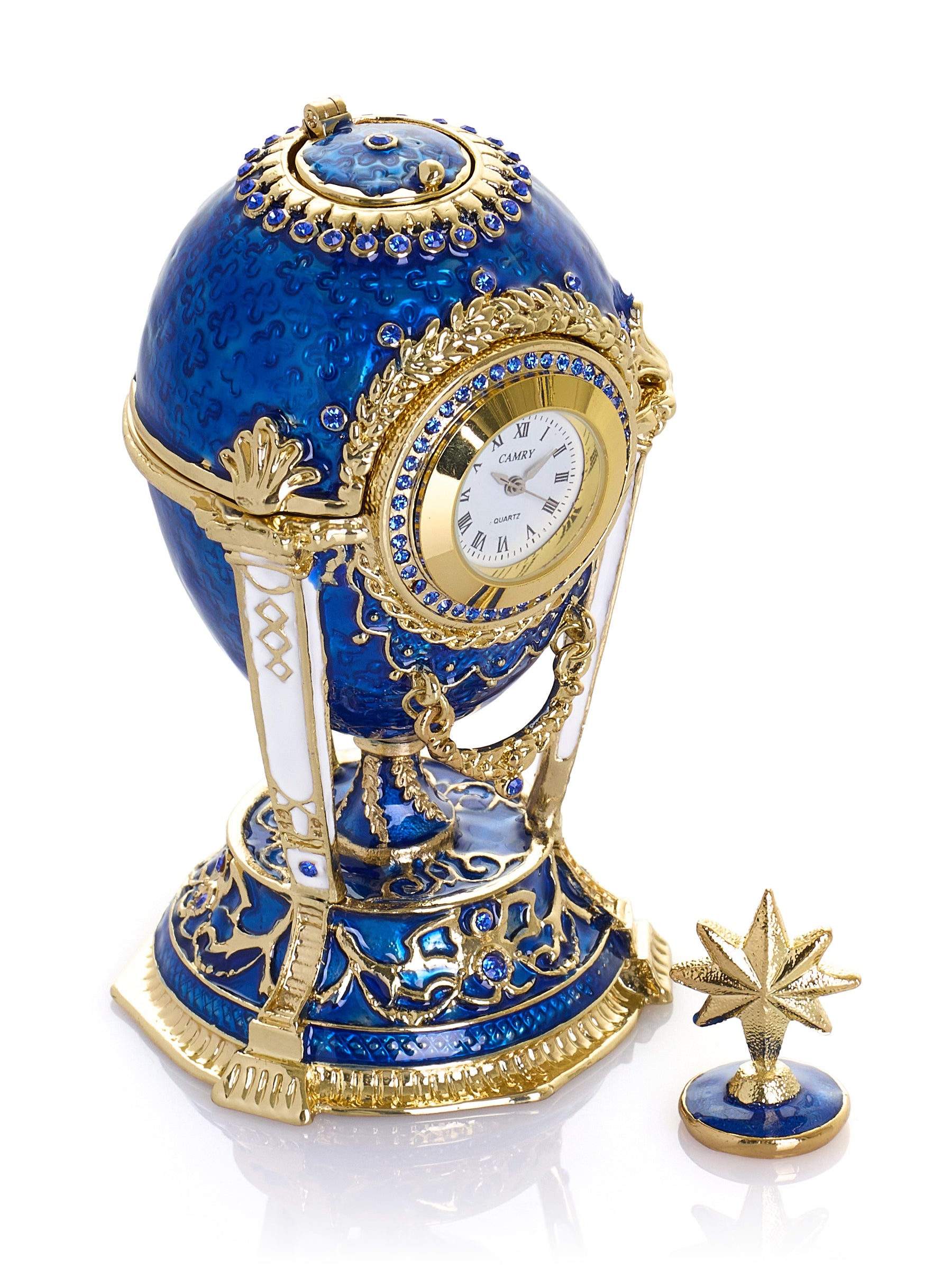 Boîte à bijoux Œuf Horloge Bleu Royal & Or avec Compartiment Secret & Étoile Amovible