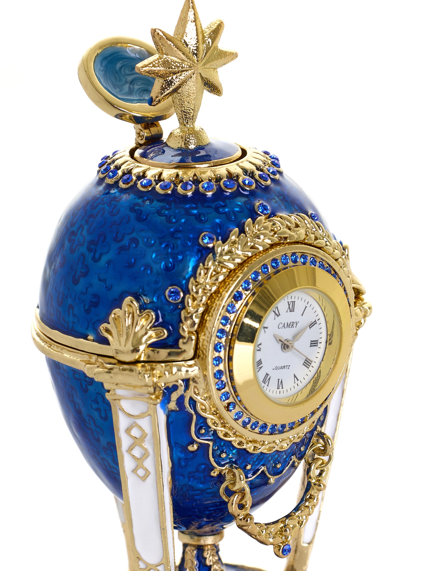 Boîte à bijoux Œuf Horloge Bleu Royal & Or avec Compartiment Secret & Étoile Amovible