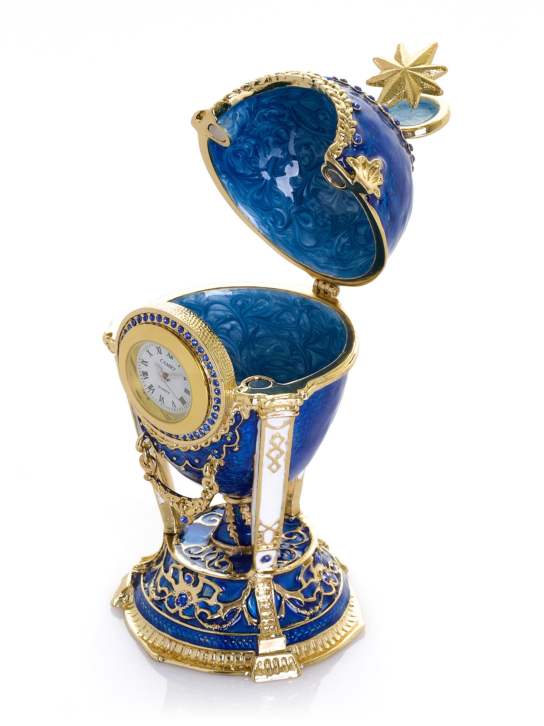 Boîte à bijoux Œuf Horloge Bleu Royal & Or avec Compartiment Secret & Étoile Amovible