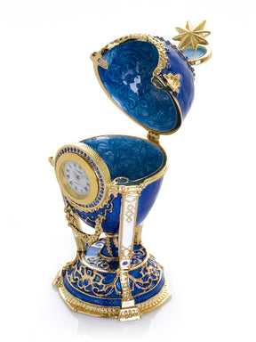 Boîte à bijoux Œuf Horloge Bleu Royal & Or avec Compartiment Secret & Étoile Amovible
