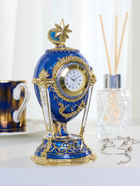 Boîte à bijoux Œuf Horloge Bleu Royal & Or avec Compartiment Secret & Étoile Amovible