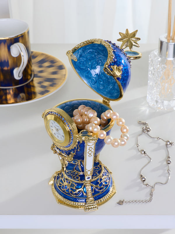 Boîte à bijoux Œuf Horloge Bleu Royal & Or avec Compartiment Secret & Étoile Amovible