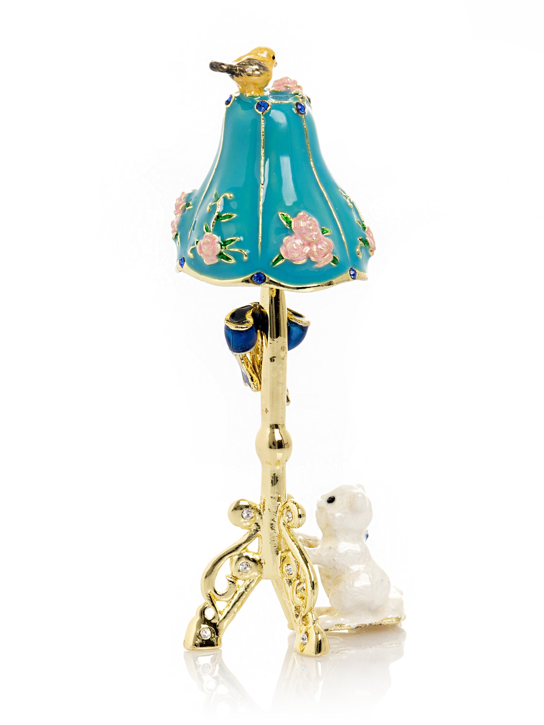 Lampe sur pied dorée avec chat et oiseau