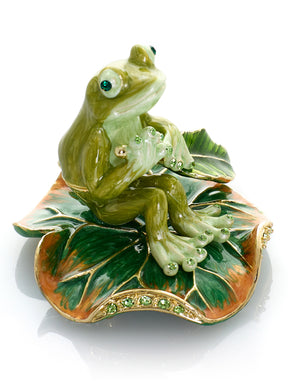 Keren Kopal Green Frog Rowing a Leaf Trinket Box
