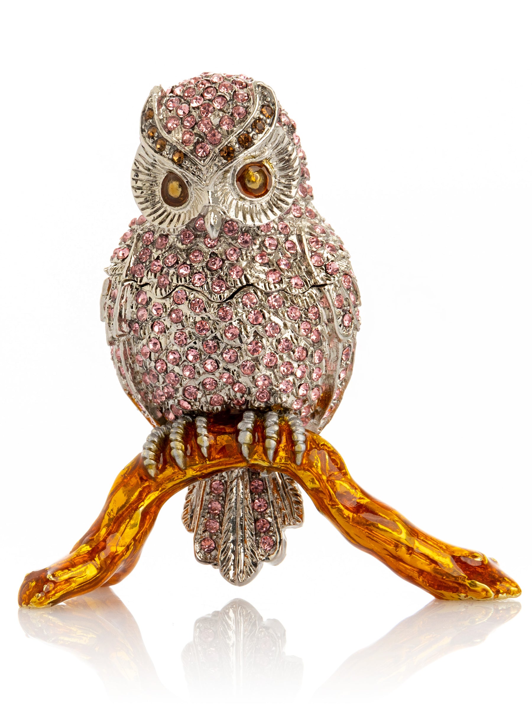 Keren Kopal Pink & Silver Crystal Owl on Amber Tree Branch Trinket Box