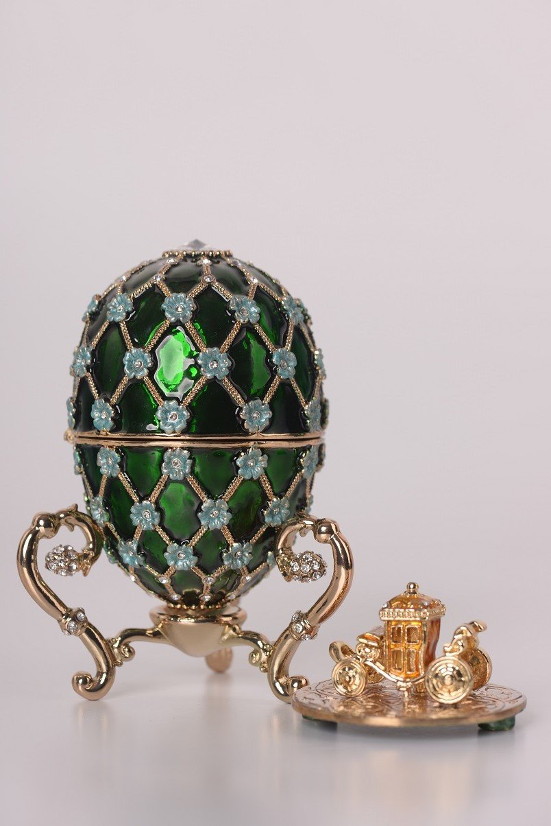 Keren Kopal Green Faberge Egg with Blue Flowers & Gold Carriage Inside  117.50