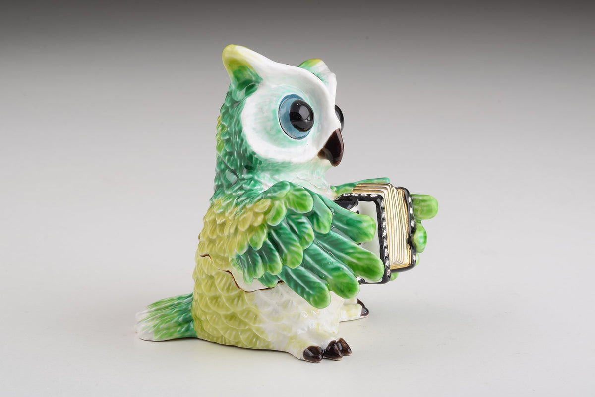 Keren Kopal Green Owl Playing Accordion Trinket Box  84.00